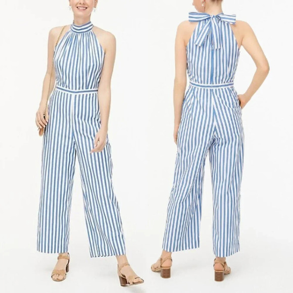 J Crew Tie-back halter jumpsuit blue white stripe 18564 - Picture 2 of 15